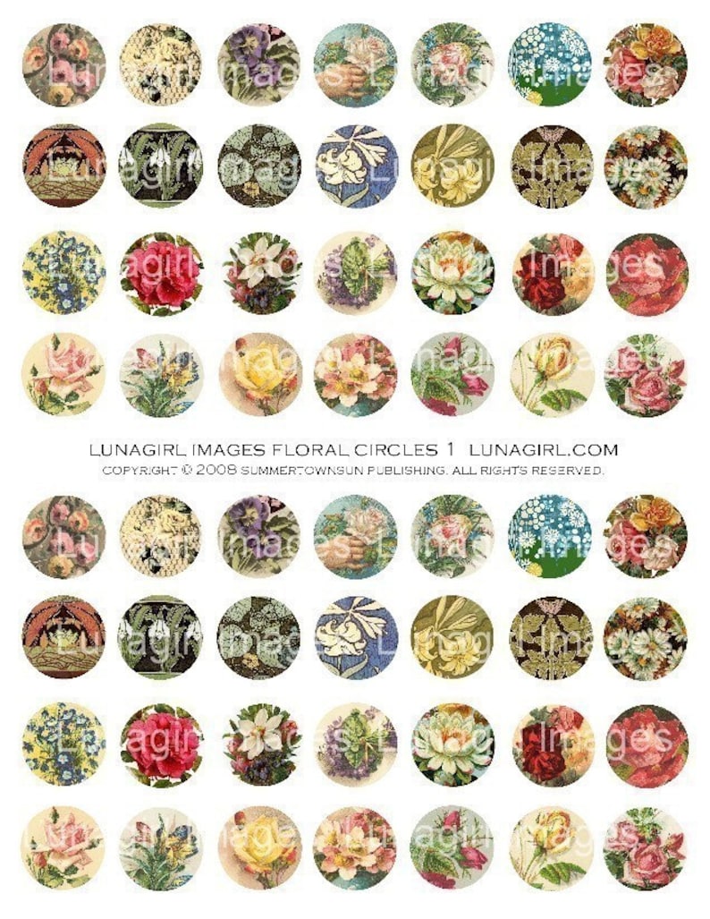 May include: A collection of 48 circular images featuring floral designs. The images showcase various flowers, including roses and lilies, in a vintage style. The color palette includes soft pastels and vibrant hues. Text at the bottom reads "LUNAGIRL IMAGES FLORAL CIRCLES 1 LUNAGIRL.COM".