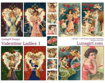 VALENTINES LADIES digital collage sheet, Victorian women, Hearts Cupid, Vintage Valentines postcards, inchies altered art, ephemera DOWNLOAD