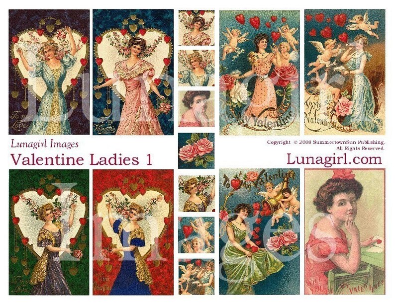 VALENTINES LADIES digital collage sheet, Victorian women, Hearts Cupid, Vintage Valentines postcards, inchies altered art, ephemera DOWNLOAD image 1