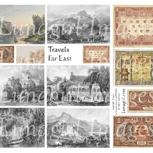 Travels FAR EAST digital collage sheet vintage images Asian Chinese Japanese pictures antique money altered art ephemera printables DOWNLOAD