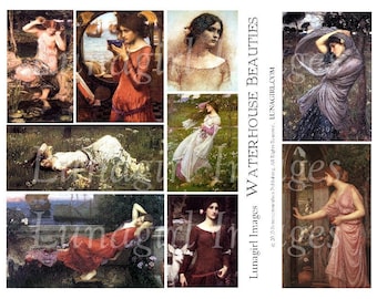 WATERHOUSE ART digital collage sheet, Renaissance medieval women girls ladies Pre-Raphaelite beauties goddess art, vintage ephemera DOWNLOAD