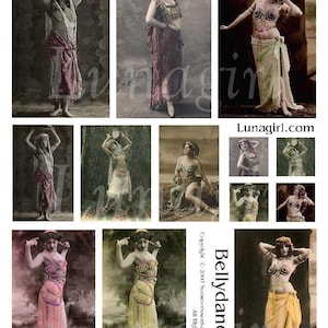Folha de colagem digital VINTAGE BELLYDANCE, antigas dançarinas de Paris Cartões postais franceses dançando mulheres exóticas pingentes arte alterada Ephemera DOWNLOAD