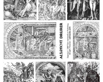 MEDIEVAL ART digital collage sheet, antique Gothic images engravings, Albrecht Durer, sad angels skeleton knight Adam Eve, ephemera DOWNLOAD
