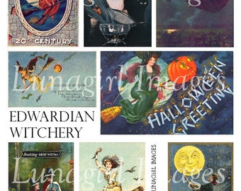 VINTAGE WITCHES digital collage sheet, Edwardian women, Victorian Halloween cards, broomstick ladies, spooky antique ephemera art DOWNLOAD
