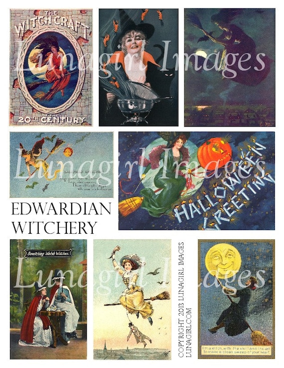VINTAGE WITCHES digital collage sheet, Edwardian women, Victorian Halloween cards, broomstick ladies, spooky antique ephemera art DOWNLOAD