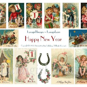 Gelukkig NIEUWJAAR digitaal collageblad, Victoriaanse vakantiekaarten, vintage afbeeldingen winter kinderen meisjes ansichtkaarten efemere veranderde kunst DOWNLOAD