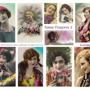 SASSY FLAPPERS digitaal collageblad, vintage vrouwen meisjes, pittige dames jaren 1920, getinte foto's, Franse ansichtkaarten, kunstkaarten, kortstondige DOWNLOAD