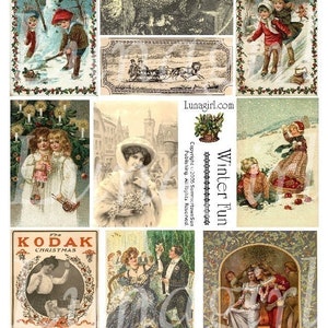 WINTER CHRISTMAS digitaal collageblad Victoriaanse dames kinderen sneeuwpop, vintage afbeeldingen vakantie veranderde kunst kaarten Kodak, Ephemera DOWNLOAD