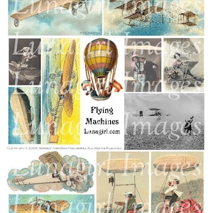 FLYING MACHINES hoja de collage digital, imágenes vintage steampunk victoriana fantasía aviones globos, imágenes de arte alteradas efímeras DESCARGAR