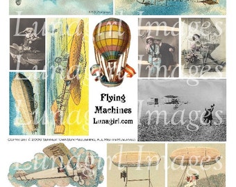 FLIEGENDE MASCHINEN digital collage sheet, Vintage Bilder Steampunk Viktorianisch Fantasy Flugzeuge Luftballons, veränderte Kunst Bilder Ephemera DOWNLOAD