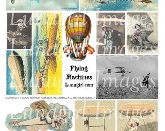 FLYING MACHINES digital collage sheet, vintage images steampunk Victorian fantasy airplanes balloons, altered art pictures ephemera DOWNLOAD