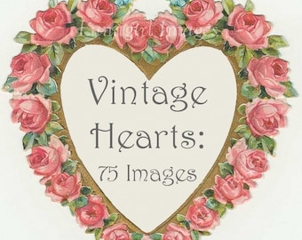 75 Victorian HEARTS, Vintage VALENTINES, digital ephemera, antique valentine cards, heart tags, flowers angels girls, art images DOWNLOAD