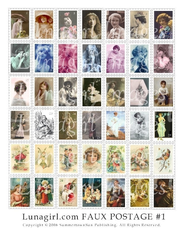FAUX POSTAGE Stamps Digital Collage Sheet Vintage Images Photos Women ...