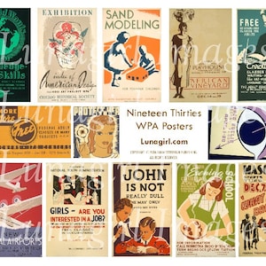 VINTAGE POSTERS foglio di collage digitale Retro 1930s WPA art, litho graphic design Mid-Century New Deal Americana advertising ephemera Download