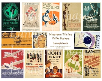 VINTAGE POSTERS digital collage sheet Retro 1930s WPA art, litho graphic design Mid-Century New Deal Americana advertising ephemera Download