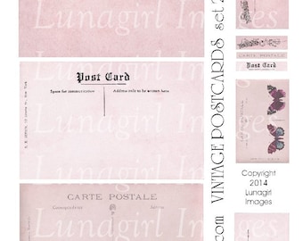 Pink VINTAGE POSTCARDS digital collage sheet Carte Postale backgrounds butterfly wings French cards altered art printables Ephemera DOWNLOAD