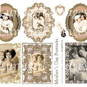 Victorian MOTHER&#39;S DAY digital collage sheet, Vintage photos, women children, ephemera sepia pink, art tags frames, Vintage mothers DOWNLOAD