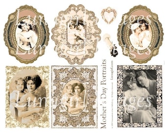 Victorian MOTHER'S DAY digital collage sheet, Vintage photos, women children, ephemera sepia pink, art tags frames, Vintage mothers DOWNLOAD