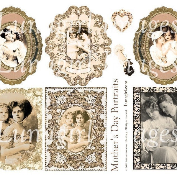 Victorian MOTHER'S DAY digital collage sheet, Vintage photos, women children, ephemera sepia pink, art tags frames, Vintage mothers DOWNLOAD