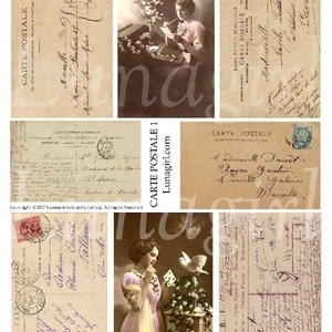 CARTE POSTALE digitale collage blad, Franse ansichtkaarten, handschrift sepia papier, vintage afbeeldingen foto's, antieke Parijs ephemera DOWNLOAD set 1
