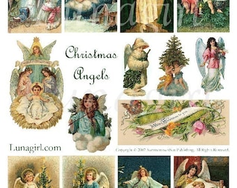 CHRISTMAS ANGELS digital collage sheet, Victorian postcards, vintage holidays Christmas cards, flowers nativity, postcards ephemera DOWNLOAD