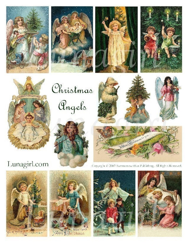 CHRISTMAS ANGELS digital collage sheet, Victorian postcards, vintage holidays Christmas cards, flowers nativity, postcards ephemera DOWNLOAD image 1