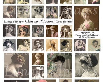 May include: A collage of vintage portraits of women, featuring various hairstyles and hats. The images are in sepia tones with some color accents, showcasing a historical fashion theme. Text includes "Lunagirl Images Charms: Women Lunagirl.com" and a copyright notice.