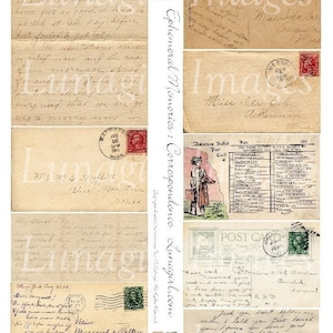 VINTAGE POSTCARDS & LETTERS digital collage sheet antique handwriting script stamps mail images, shabby vintage ephemera old paper, Download