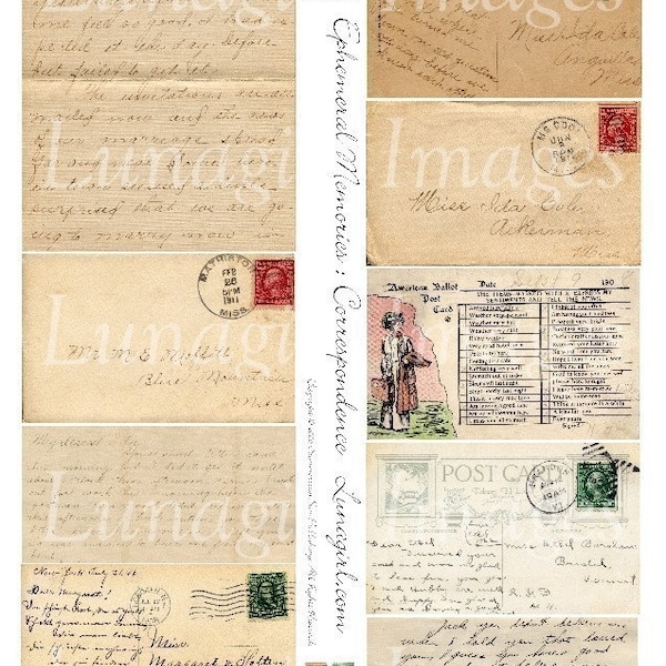 VINTAGE POSTCARDS & LETTERS digital collage sheet antique handwriting script stamps mail images, shabby vintage ephemera old paper, Download