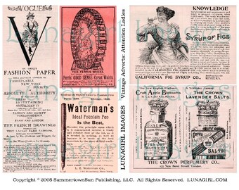 VICTORIAANSE ADS digitale collage blad, Roze Vintage advertenties, steampunk vrouwen dames mode parfum, antieke krant print ephemera DOWNLOAD