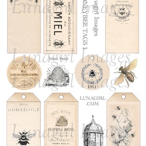 HONEY BEES TAGS digital collage sheet, French labels bugs beehive antique ephemera Victorian art supplies shabby vintage printables Download