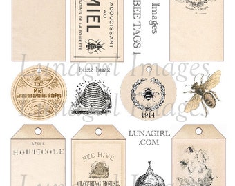 HONEY BEES TAGS digital collage sheet, French labels bugs beehive antique ephemera Victorian art supplies shabby vintage printables Download