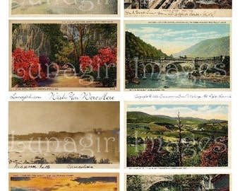 Retro SCENIC POSTCARDS cyfrowy kolaż arkusz, stare zdjęcia tła podróży wakacyjnych, krajobrazy amerykańskie z lat 40. i 50. XX wieku, pamiątki efemeryczne POBIERZ