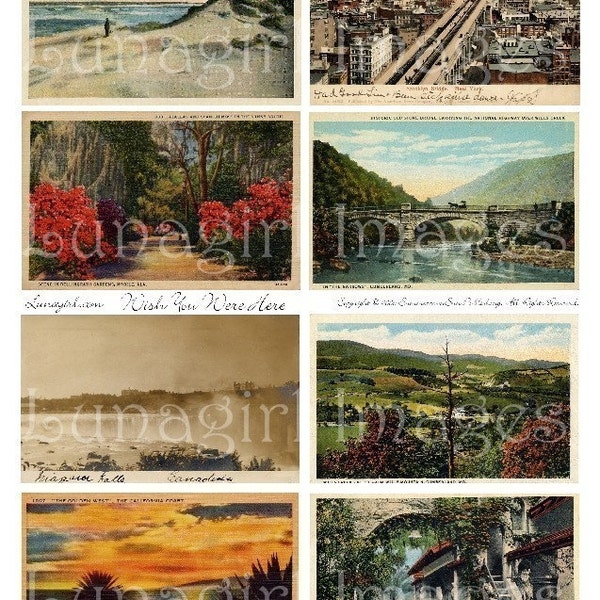 Retro SCENIC POSTCARDS digital collage sheet, vintage photos vacation travel backgrounds, 1940s 1950s Americana landscapes ephemera DOWNLOAD