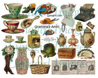 GRANDMA'S ATTIC digital collage sheet, Victorian vintage images, steampunk accessories embellishments, teacups corset art, ephemera DOWNLOAD