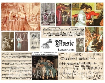 MUSIC digital collage sheet VINTAGE images musical art antique photos Victorian ephemera mother girls piano sheet music backgrounds DOWNLOAD