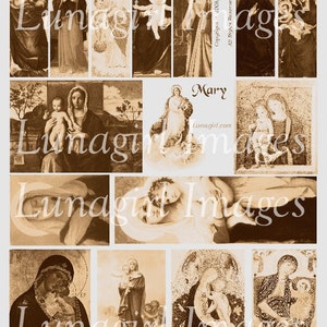 SEPIA MARY IMAGES, digitaal collageblad, Maagd Maria-kunst Madonna-schilderijen, religieuze kerstkunst, heilige kaarten, vintage ephemera, download
