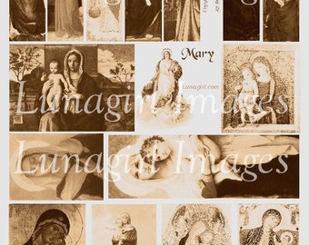 SEPIA MARY IMAGES, digital collage sheet, Virgin Mary art Madonna paintings, Christmas Religious art, holy cards, Vintage Ephemera, Download