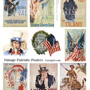 PATRIOTIC POSTERS digital collage sheet, vintage images Americana flags Uncle Sam July 4th Fourth Independence, retro art ephemera DOWNLOAD