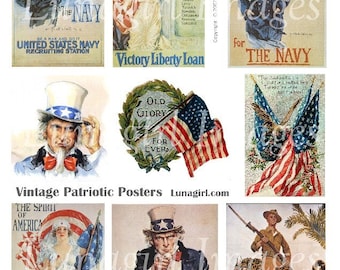 AFFICHES PATRIOTIQUES feuille de collage numérique, images vintage Drapeaux Americana Oncle Sam 4 juillet Quatrième Indépendance, art rétro éphémère TÉLÉCHARGER