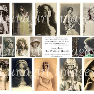 Victorian Edwardian WOMEN digital collage sheet, vintage photos diva ACTRESSES, Byron poem She Walks in Beauty altered art ephemera DOWNLOAD