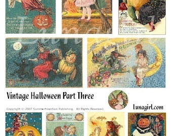 May include: A collage of vintage Halloween-themed postcards. The images feature witches, pumpkins, children, and a large moon. The text "Vintage Halloween Part Three" and "Halloween Time" are visible. The overall color palette includes orange, black, and teal.