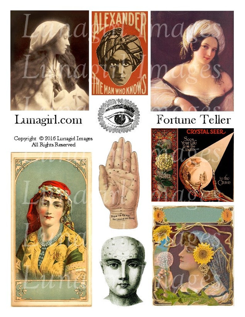FORTUNE TELLER digital collage sheet, GYPSY vintage images women palmistry crystal ball occult magic altered art printable ephemera Download image 1