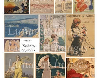 Vintage FRENCH POSTERS digital collage sheet, World War Paris women girls nurse France patriotic illustrations Art Nouveau ephemera DOWNLOAD