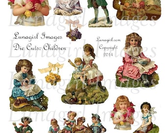 VINTAGE CHILDREN digital collage sheet, Victorian girls boys flowers, Nursery Rhymes Die Cuts printables cards crafts art, Ephemera DOWNLOAD