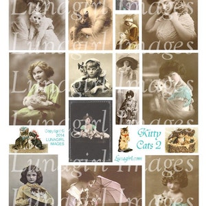 VICTORIAN CATS foglio collage digitale Vintage Photos Kittens pets little Girls Ladies altered art pendants images cartoline ephemera DOWNLOAD