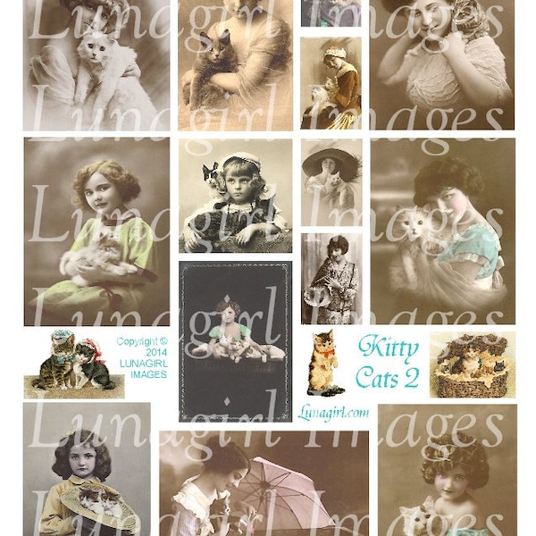 VICTORIAN CATS digital collage sheet Vintage Photos Kittens pets little Girls Ladies altered art pendants images postcards ephemera DOWNLOAD