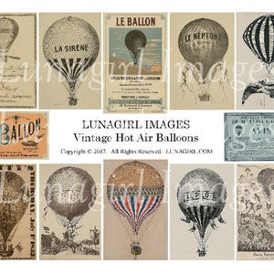 VINTAGE BALLONS digital collage sheet, antike Heißluftballons, Steampunk Art Vintage Bilder, viktorianische Luftschiffe, Französische Ephemera DOWNLOAD