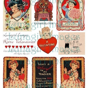 RETRO VALENTINES digital collage sheet Vintage Cards, 1950s children kids Love red hearts schoolteacher altered art images ephemera DOWNLOAD