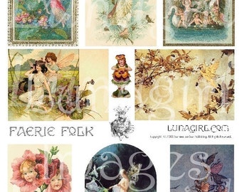 Può includere: Un collage di illustrazioni di fate vintage. Le immagini presentano fate in varie scene, tra cui l'interazione con uccelli e fiori. La tavolozza dei colori include pastelli tenui, con testo che recita "Faerie Folk" e "lunagirl.com".